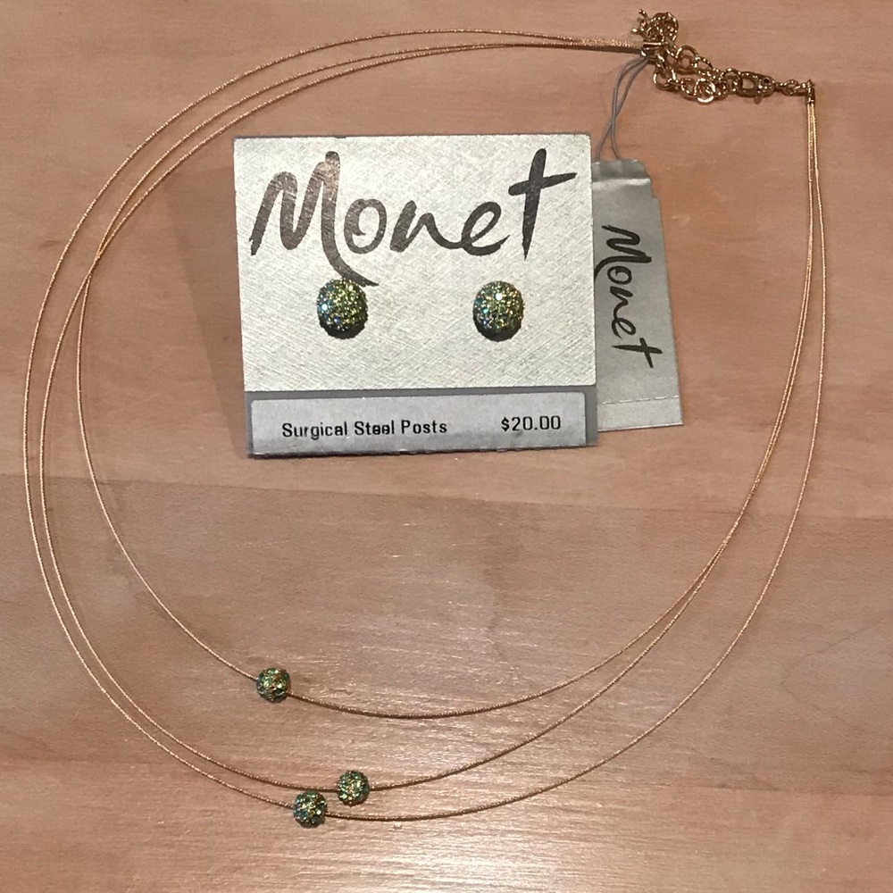 Vintage Moet class floating snowball necklace and earrings set